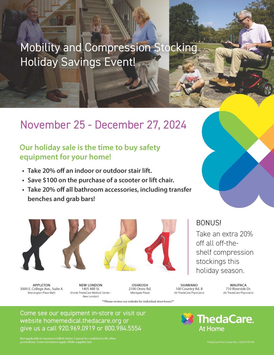 Promotional flyer for mobility devices and compression stocking holiday sale