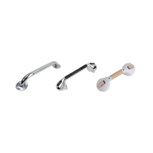 Product photo of a suction grab bar, chrome grab bar and chrome with black grip grab bar