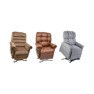 Product image of three different lift chairs in different fabrics and colors