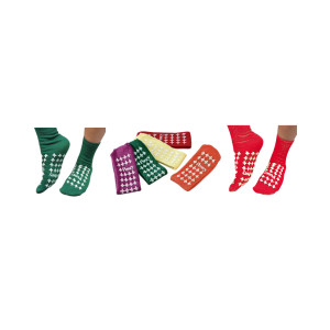 Product image of non skid socks in red, yellow, green, purple and orange