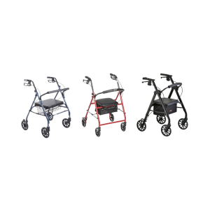 Product photo of various rollators in red, black and blue colors